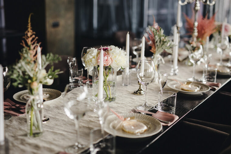 Luxury, elegant wedding reception table arrangement, floral cent